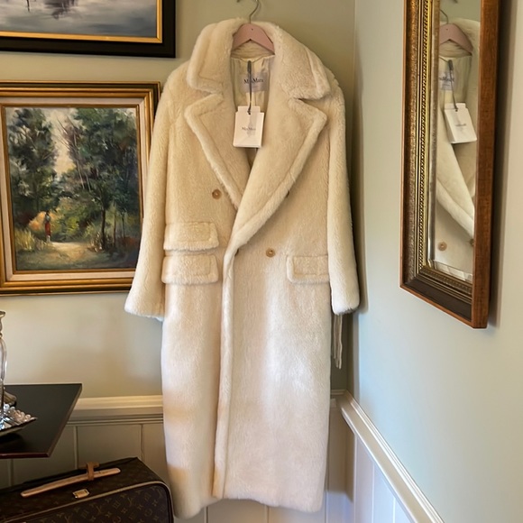 Max Mara Fall Winter Cream Cheiti Alpaca Fur Teddy Coat Jacket Fringe L XL - Picture 8 of 17
